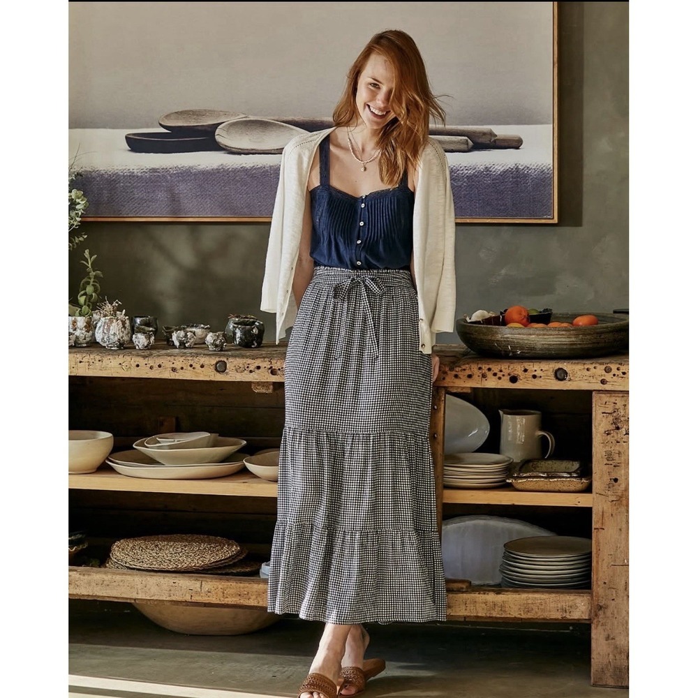 Fat Face Women's Maxi Skirt Navy Gingham CheckeredTiered Elastic Waist 8 Viscose